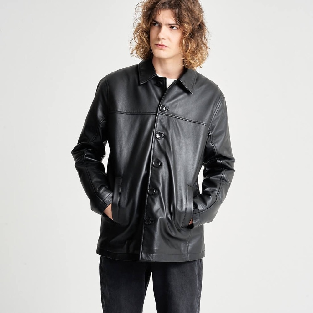 Black Barney’s Black Leather Reefer Jacket small - Picture 5 of 6